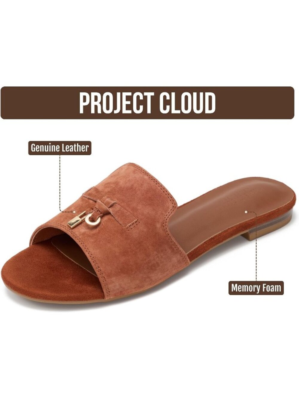 Women's Mocha Leather Slides Comfortable Memory Foam Insole Dressy Flats Shoes - Picture 2 of 4